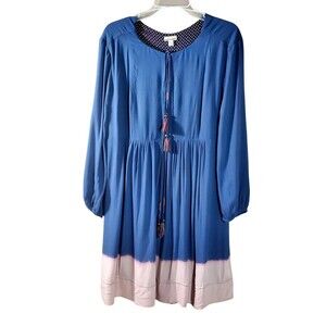 Holding Horses Ombre Blue Pink Dip Dye Tassel Peasant Mini Dress Sz Small